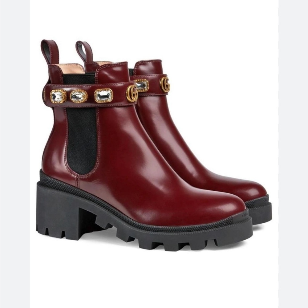 Gucci Burgundy Ankle Boots with Gold Accents